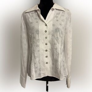 White Christmas snowflake pattern long sleeve pearl snap closure blouse size L